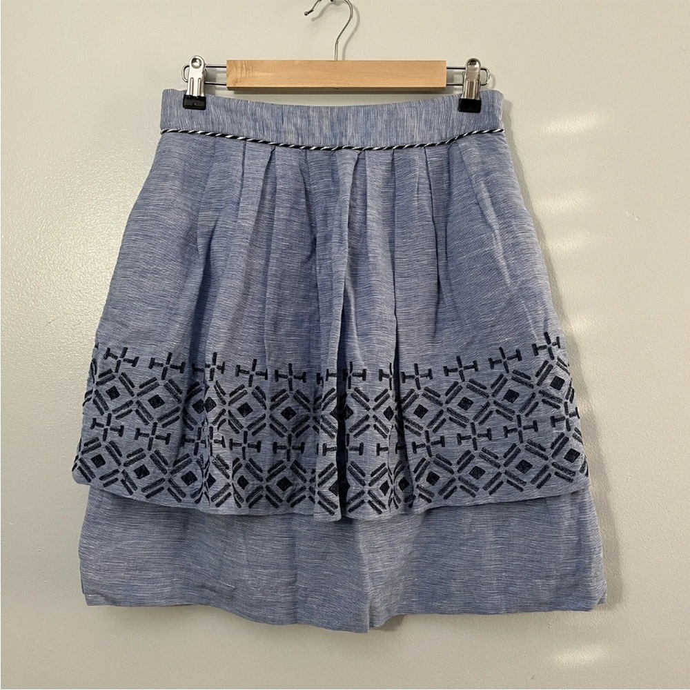 Odille Anthropologie Linen Blend Tiered Embroidered Alpine Dreams chambray style